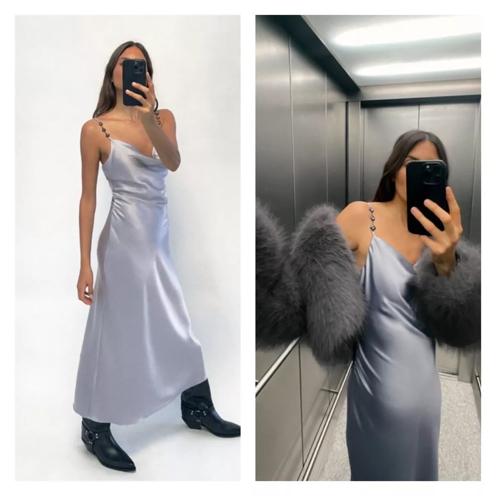 🆕(NWOT) ZARA Bloggers Fav Satin Cowl Neck Midi Dress w/ Rhinestone Straps. SMALL